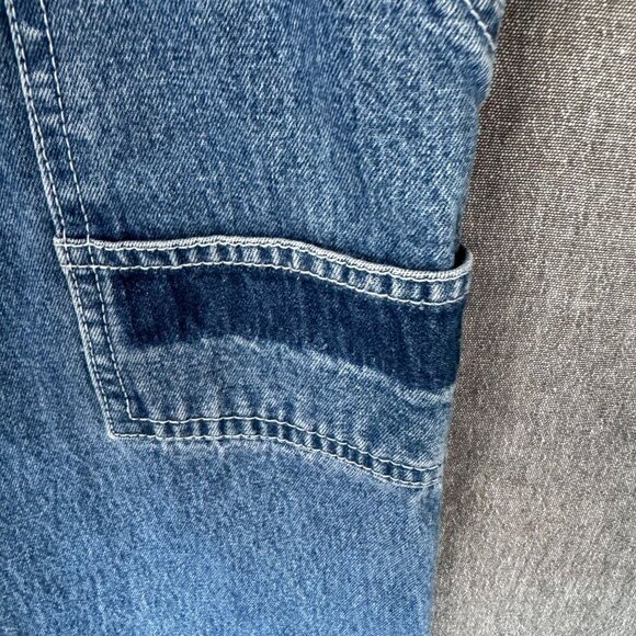 90s Vintage Revolt Blue Denim Rainbow Trim Straight Leg  Utility Overalls Size L - Picture 11 of 16